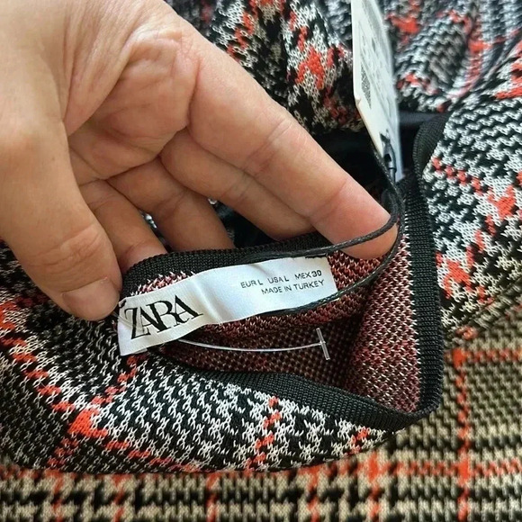 NWT Zara Bodycon Houndstooth Plaid Knit Dress Boat Halter Neck Black/Orange Sz L - Picture 14 of 16